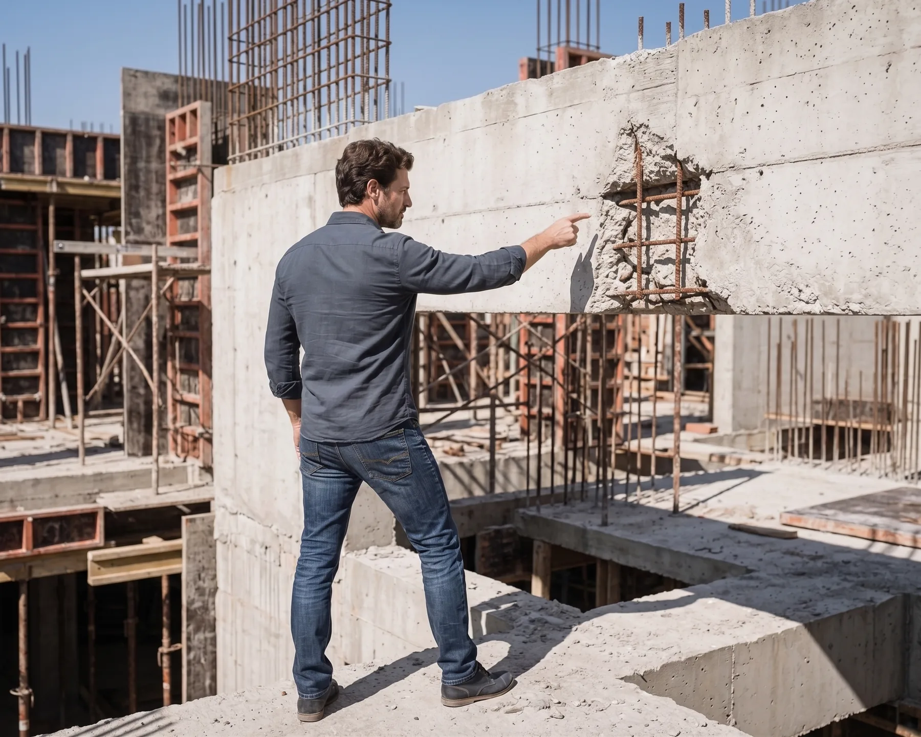 Un profesional de Estudio TREO señala en una obra en construcción una viga de hormigón rota, con el hierro de la armadura a la vista