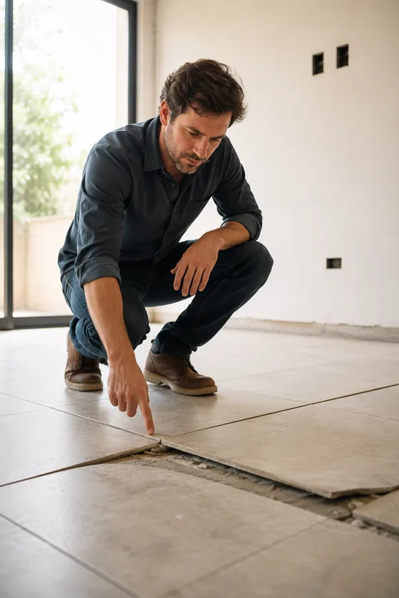 Un profesional de Estudio TREO señala una baldosa levantada en el piso de una obra nueva
