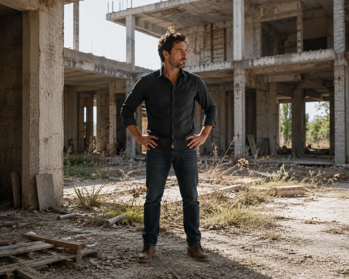 Un profesional de Estudio TREO frente a la estructura de hormigón de una obra abandonada